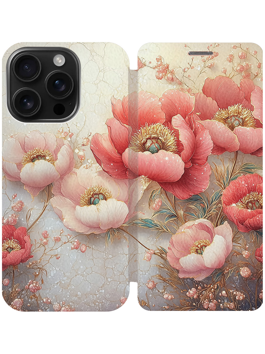 

Чехол-книжка на Apple iPhone 16 Pro с принтом "Винтажные маки" золотой, Золотистый;белый;красный, 785197723