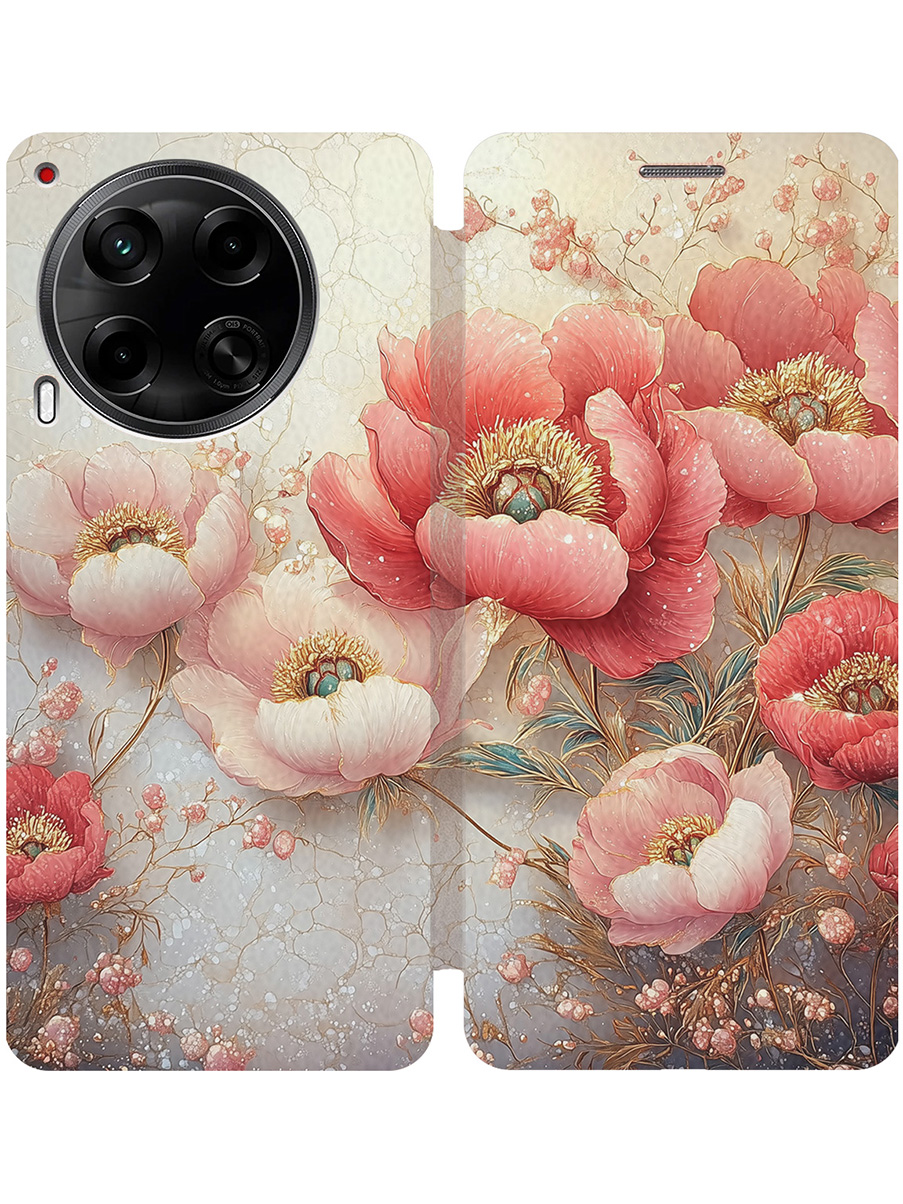 

Чехол-книжка на Tecno Camon 30 4g / 30 5g с принтом "Винтажные маки" золотой, Золотистый;белый;красный, 782632423
