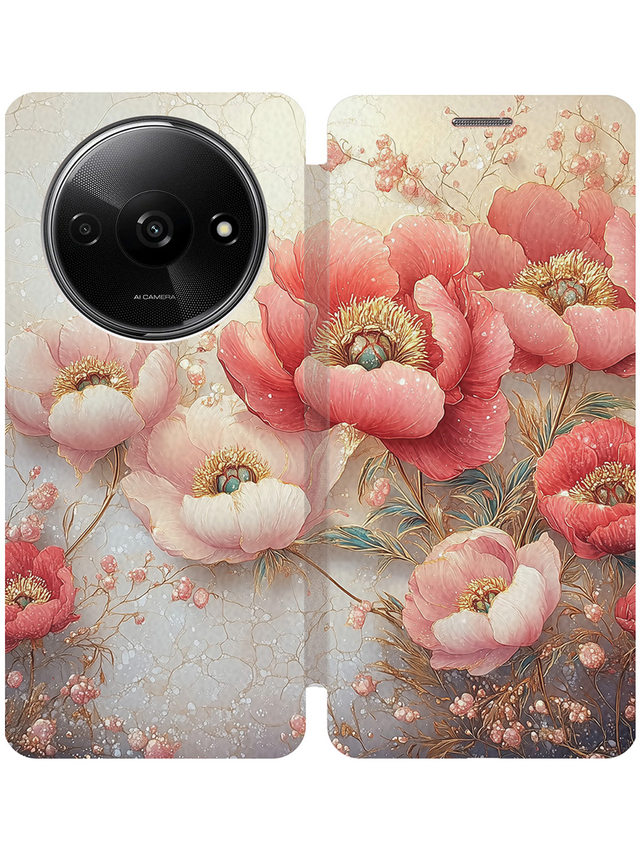 

Чехол-книжка на Xiaomi Redmi A3 / Poco C61 с принтом "Винтажные маки" золотой, Золотистый;белый;красный, 780484023