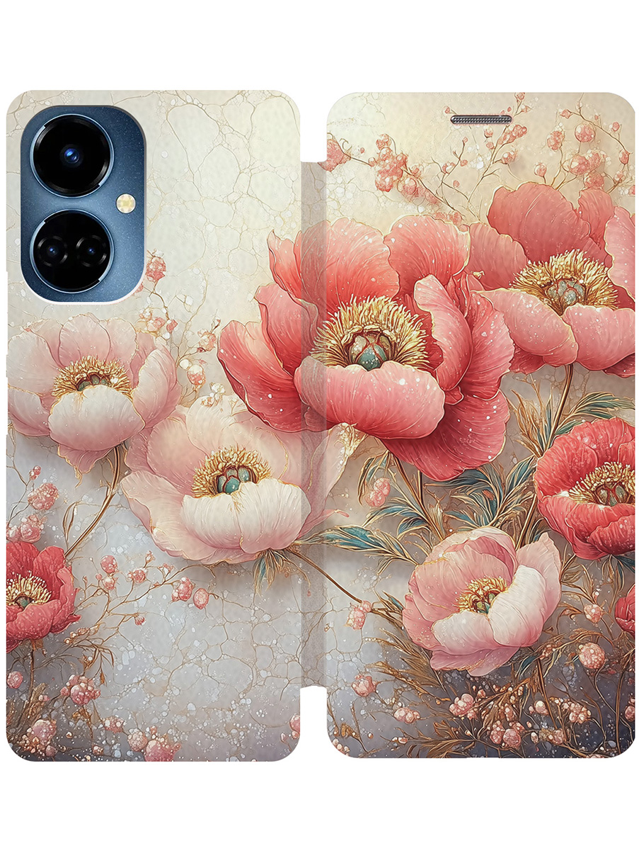 

Чехол-книжка на Tecno Camon 19 / 19 Pro с принтом "Винтажные маки" золотой, Золотистый;белый;красный, 778675823