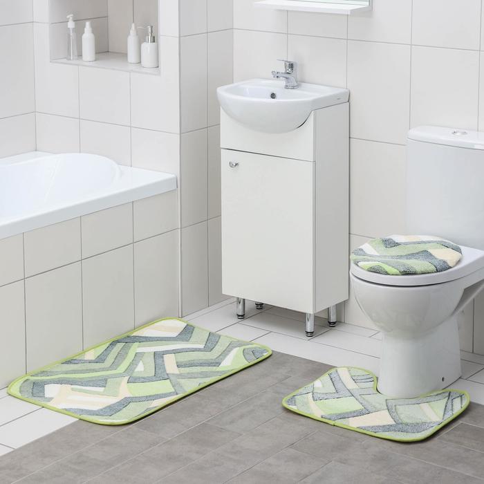 фото Набор ковриков для ванны и туалета доляна «геометрия», 3 шт: 35×39, 40×50, 50×80 см