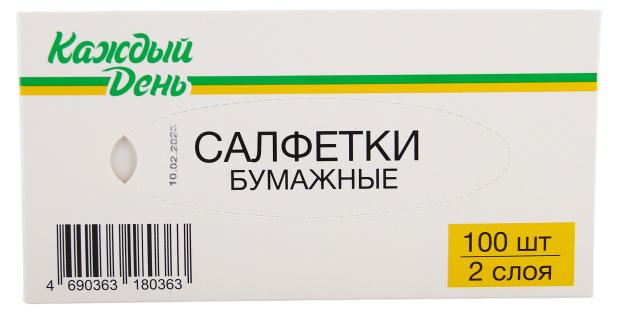 

Салфетки бумажные «Каждый день» 2-слойные в боксе, 100 шт, Белый, в коробке