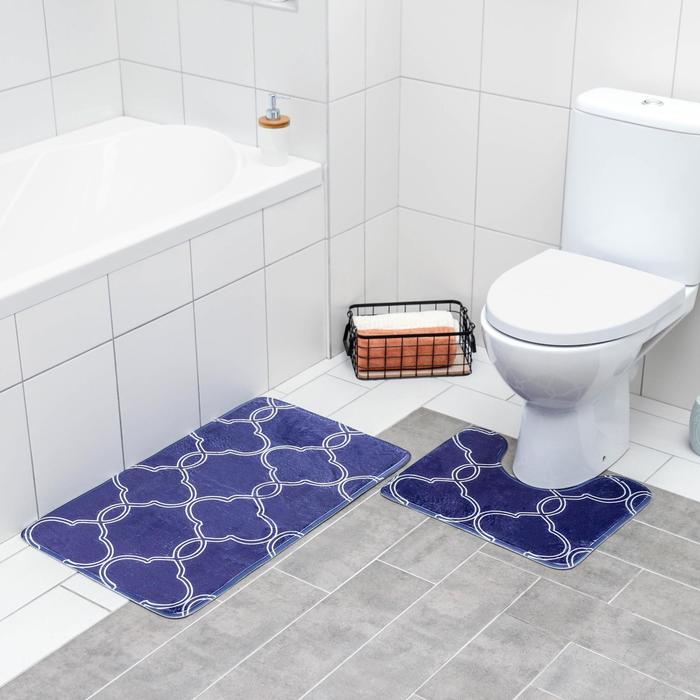 фото Набор ковриков для ванны и туалета доляна «виньер», 2 шт: 44×50, 50×80 см, цвет синий