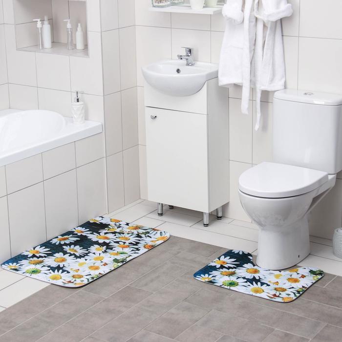 фото Набор ковриков для ванны и туалета доляна «ромашковое поле», 2 шт: 40×50, 50×80 см