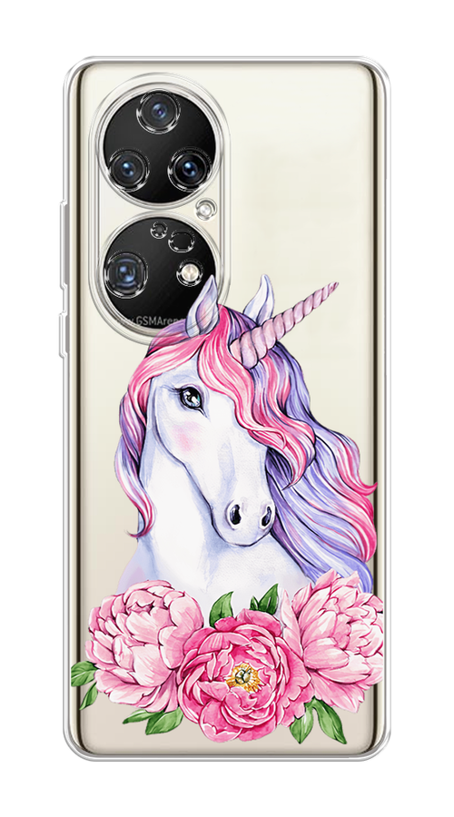 

Чехол на Huawei P50 Pro "Единорог с пионами", Розовый;белый;зеленый, 6105050-1