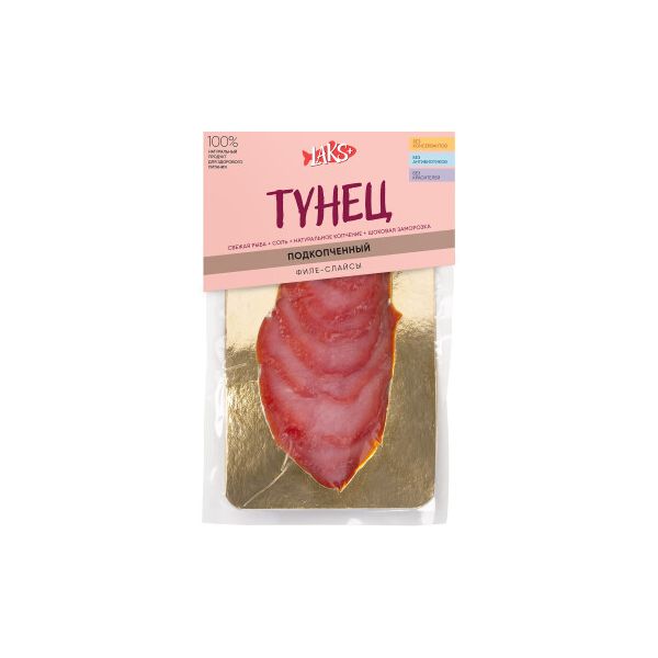 

Тунец подкопченный Laks+ с укропом филе-слайсы замороженный 200 г