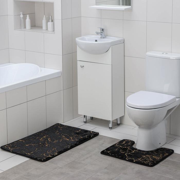 фото Набор ковриков для ванны и туалета доляна «мрамор», 2 шт: 40×50, 50×80 см, цвет чёрный