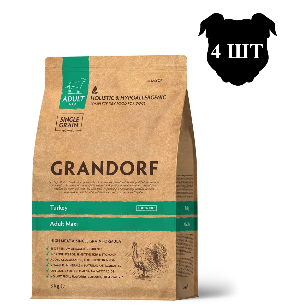 Сухой корм для собак Grandorf DOG Turkey MAXI, для крупных пород, с индейкой, 4 шт по 3 кг