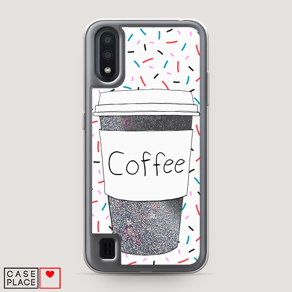 фото Жидкий чехол с блестками "coffee прозрачный стакан" на samsung galaxy a01 awog