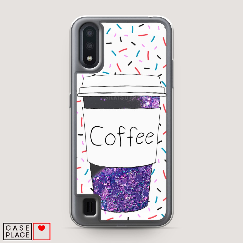 фото Жидкий чехол с блестками "coffee прозрачный стакан" на samsung galaxy a01 awog