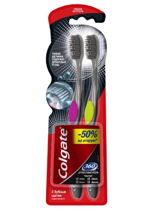 фото Зубная щетка colgate 360 с древесным углем средней жесткости, 2 шт в наборе