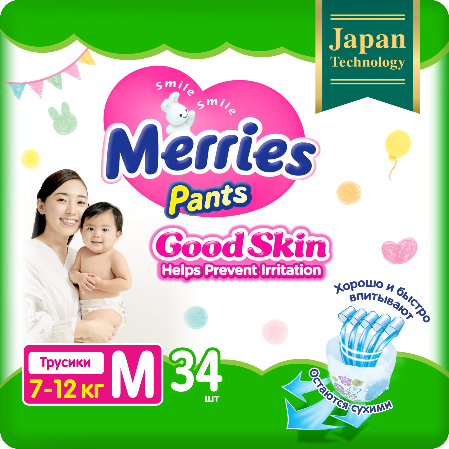 Подгузники-трусики Merries Good Skin M (7-12 кг) 34 шт