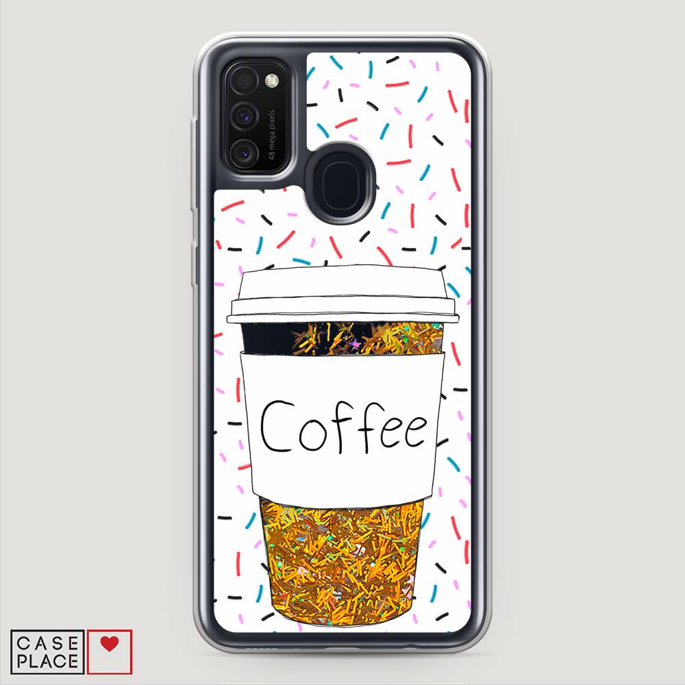 фото Жидкий чехол с блестками "coffee прозрачный стакан" на samsung galaxy m21 awog