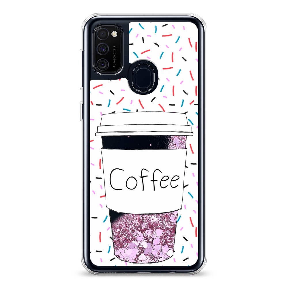 фото Жидкий чехол с блестками "coffee прозрачный стакан" на samsung galaxy m21 awog