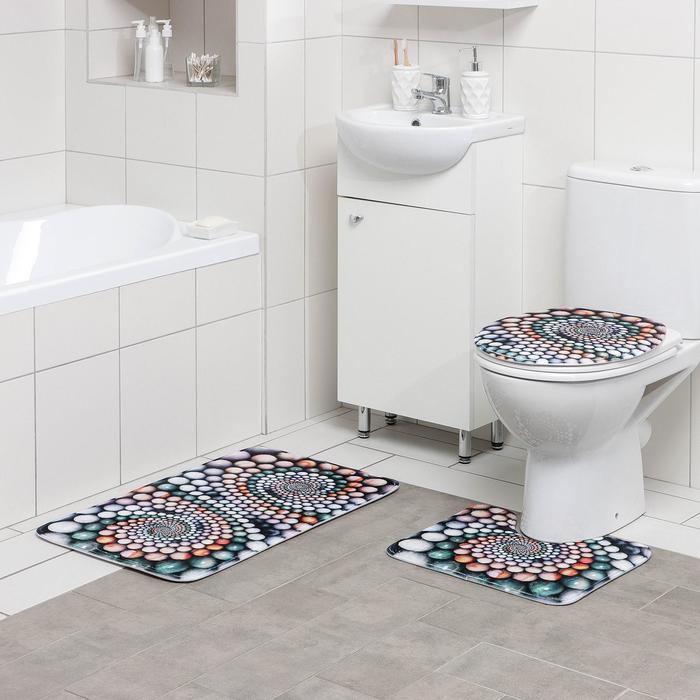 фото Набор ковриков для ванны и туалета доляна «каменные завитки», 3 шт: 35×39, 40×50, 45×75 см