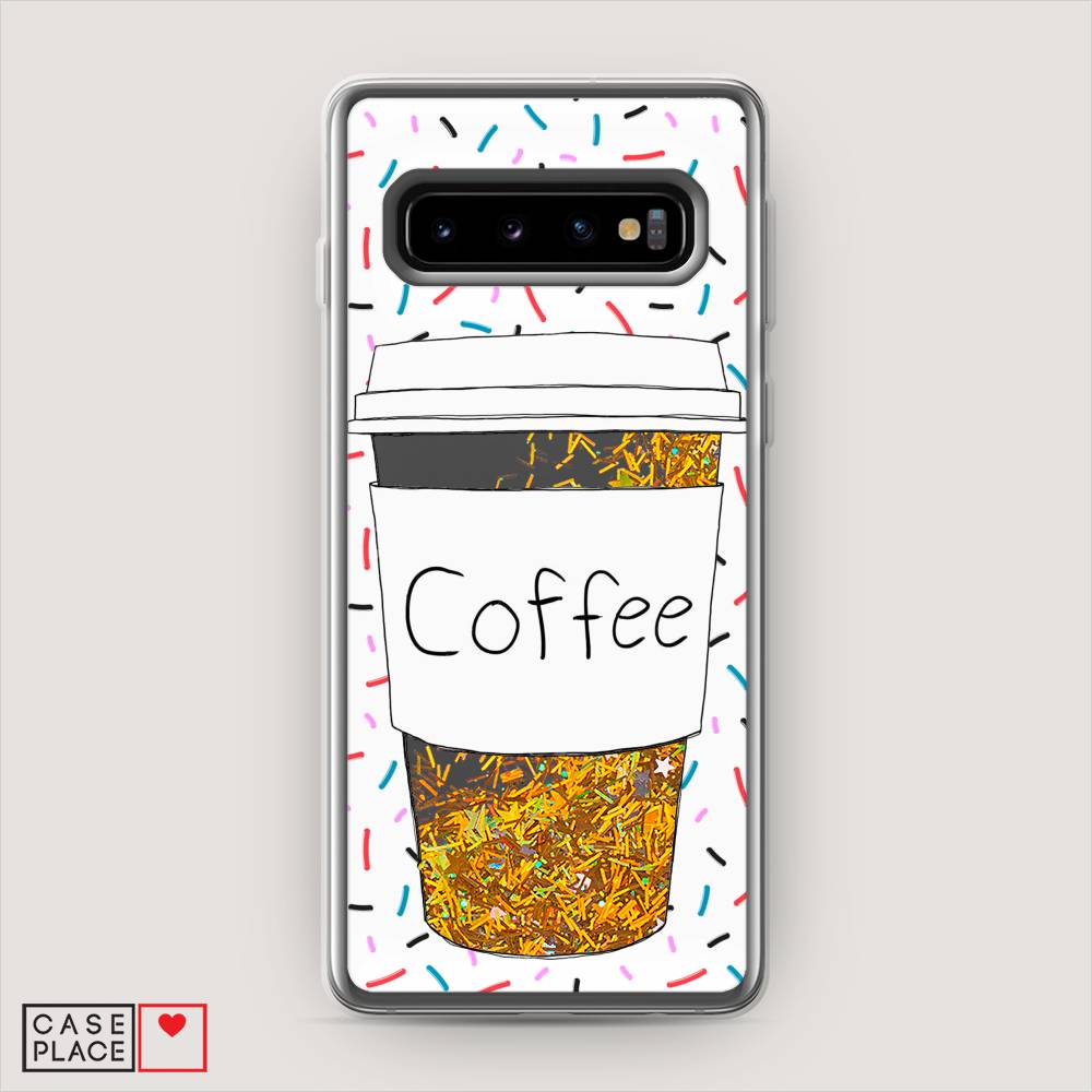 фото Жидкий чехол с блестками "coffee прозрачный стакан" на samsung galaxy s10 + awog