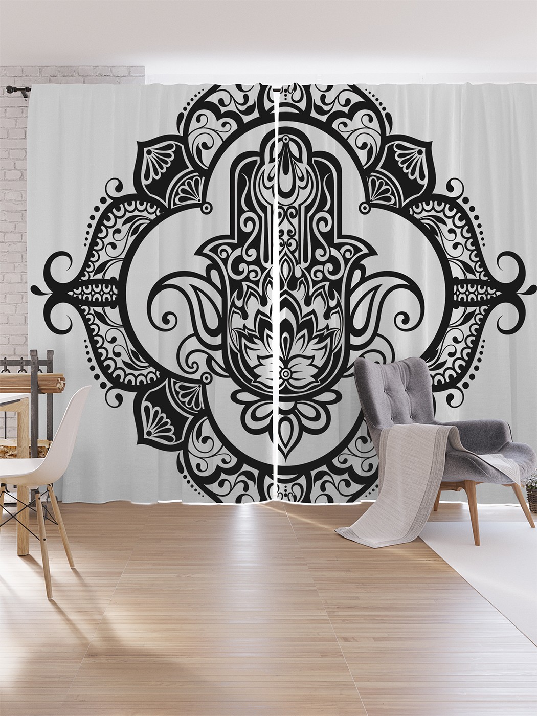 

Шторы под лён JoyArty "Хамса в орнаментальной виньетке", серия Oxford DeLux, 340х265 см, Хамса в орнаментальной виньетке