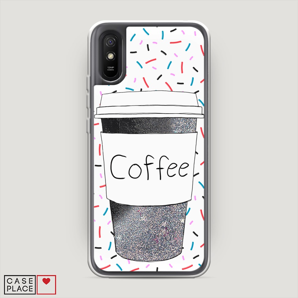 фото Жидкий чехол с блестками "coffee прозрачный стакан" на xiaomi redmi 9a awog