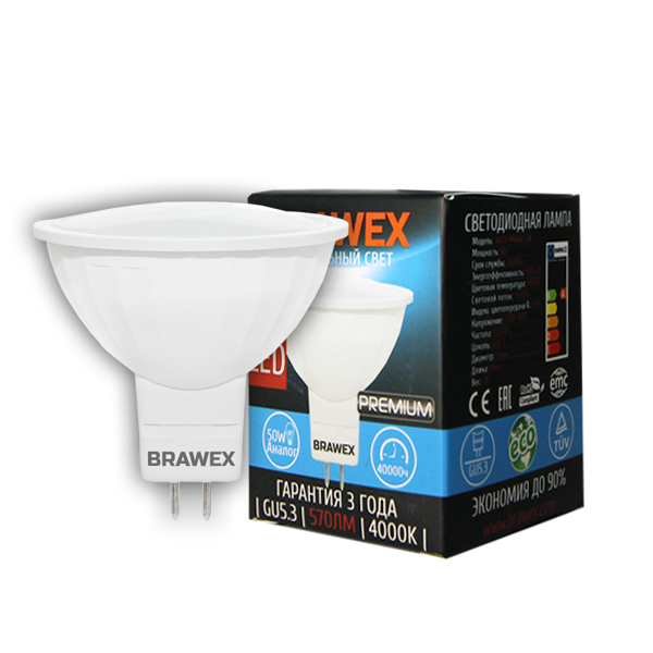 

Светодиодная лампа BRAWEX 7Вт 4000К MR16 GU5.3 диммируемая MR16-7N-DIM