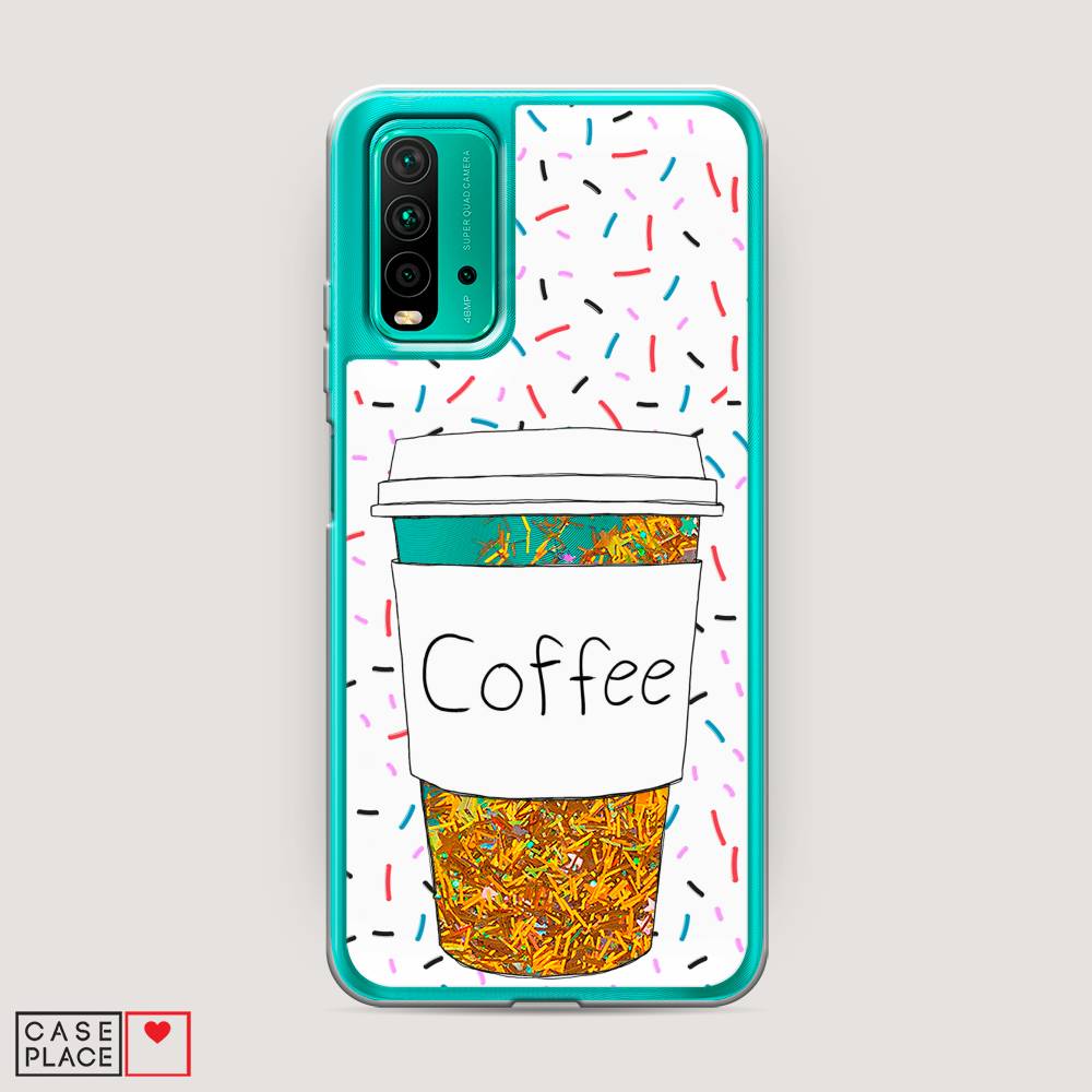 фото Жидкий чехол с блестками "coffee прозрачный стакан" на xiaomi redmi 9t awog