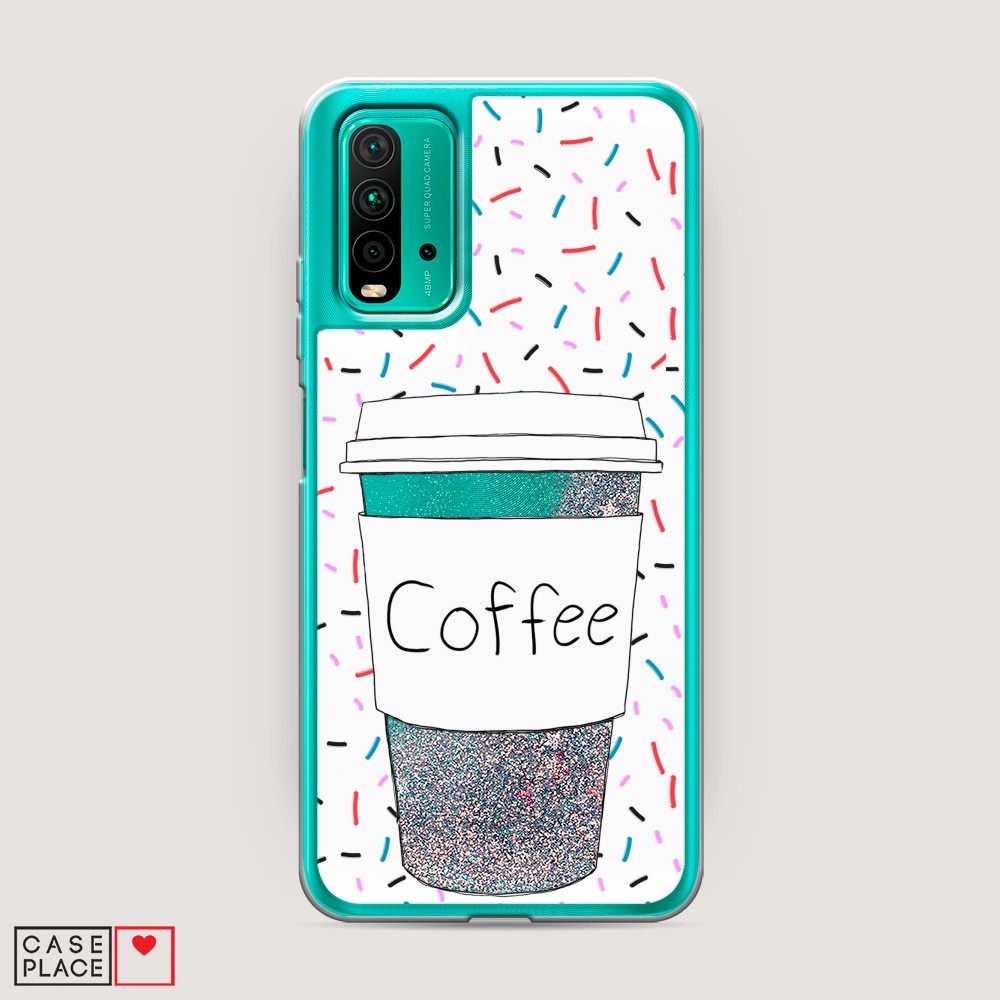 фото Жидкий чехол с блестками "coffee прозрачный стакан" на xiaomi redmi 9t awog