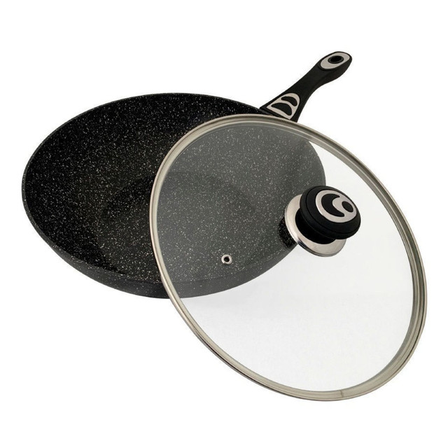 фото Сковорода mercury wok 32 см антипригарное мраморное покрытие со стеклянной крышкой