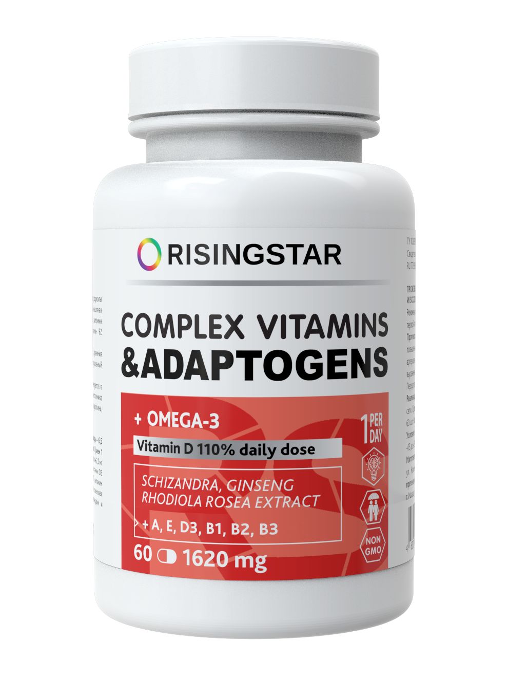 Купить 15761582, Витамин Д + ОМЕГА-3 600 мг Risingstar с женьшенем и родиолой 1620 мг капсулы 60 шт., Россия