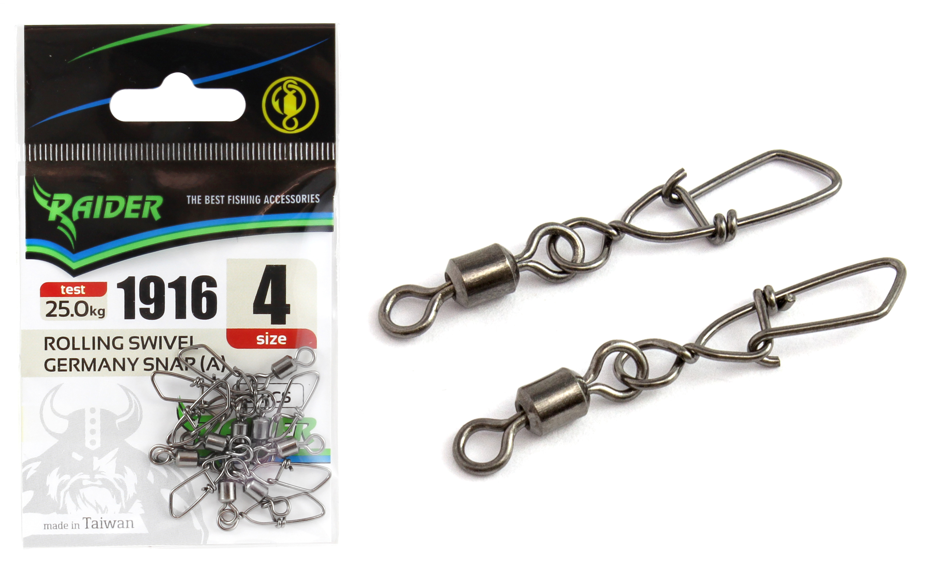 

Карабин с вертлюгом RAIDER ROLLING SWIVEL GERMANY SNAP (A) (уп.8шт) №4 (test 25.0кг)