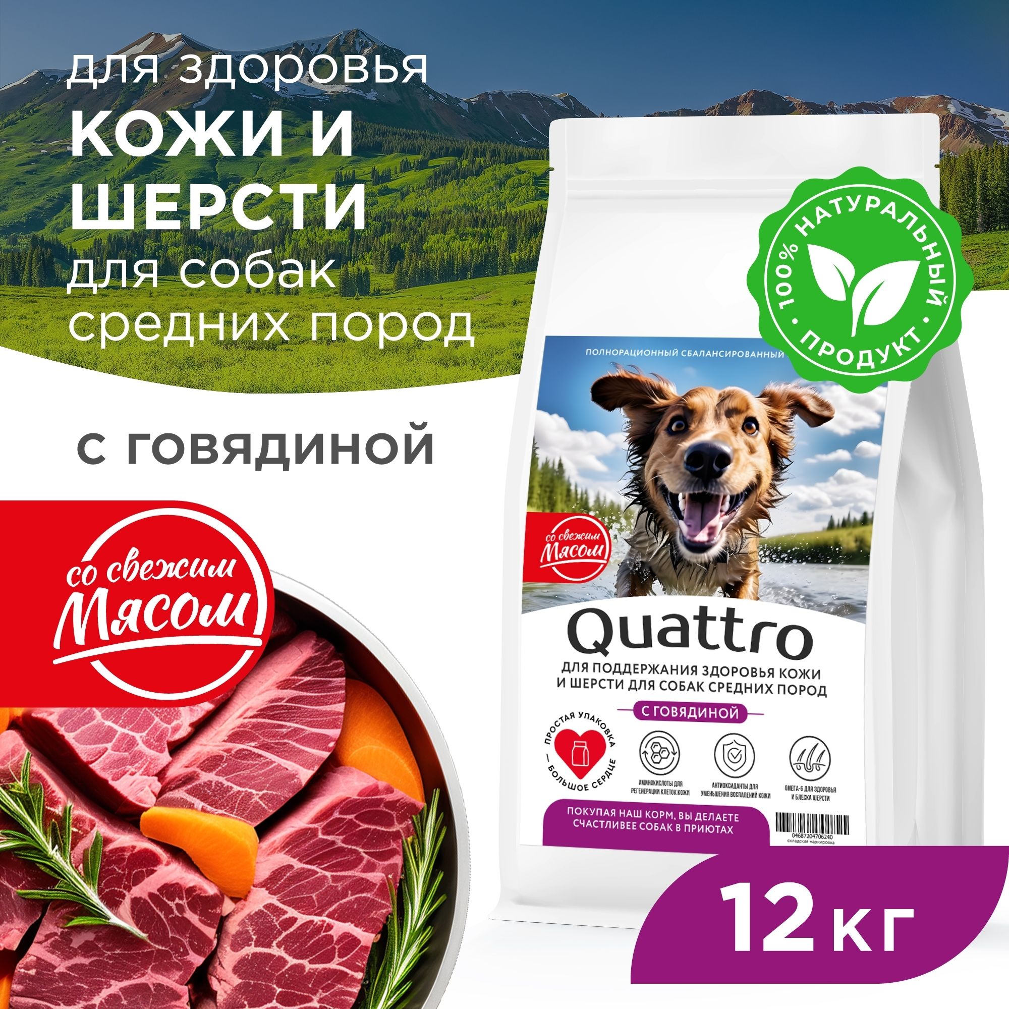 

Сухой корм для собак QUATTRO, Средние породы премиум, для кожи и шерсти, говядина, 12 кг