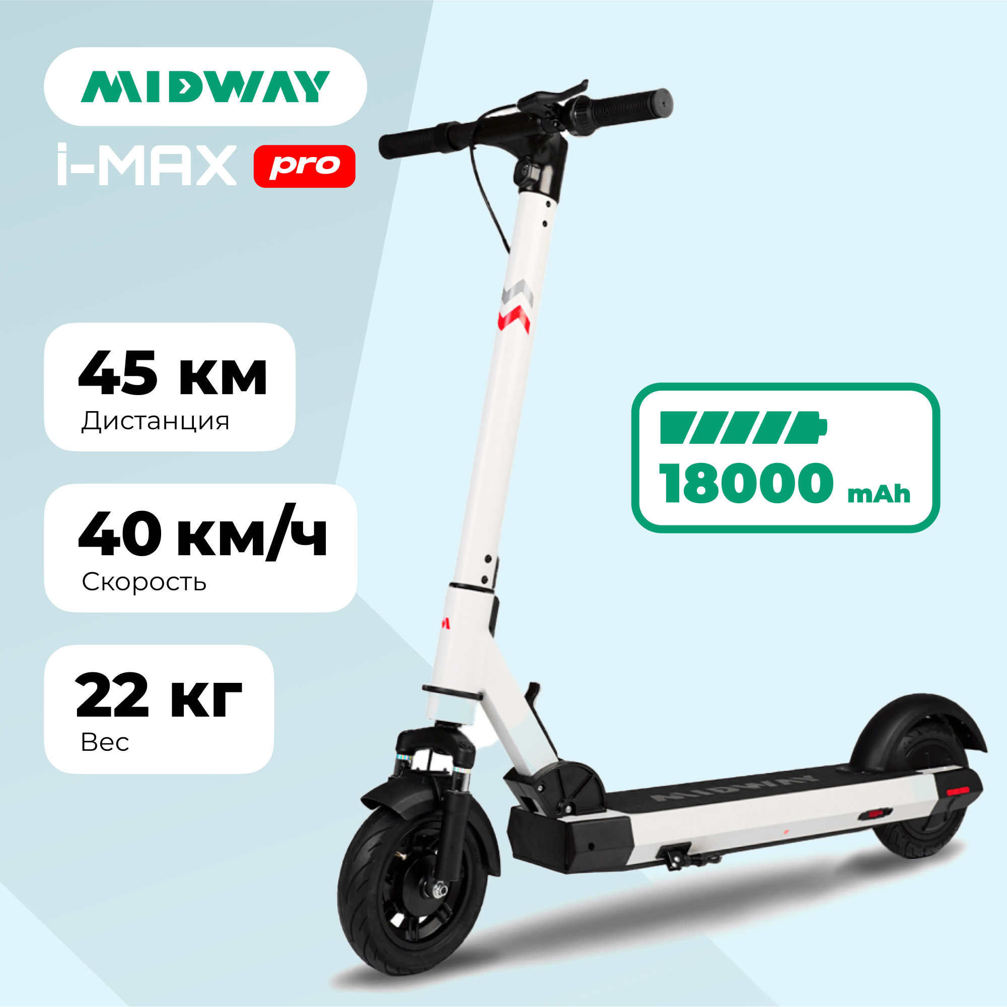 Электросамокат MIDWAY i-Max PRO белый (600 W, 18000 mAh, до 40 км/ч, 22 кг)