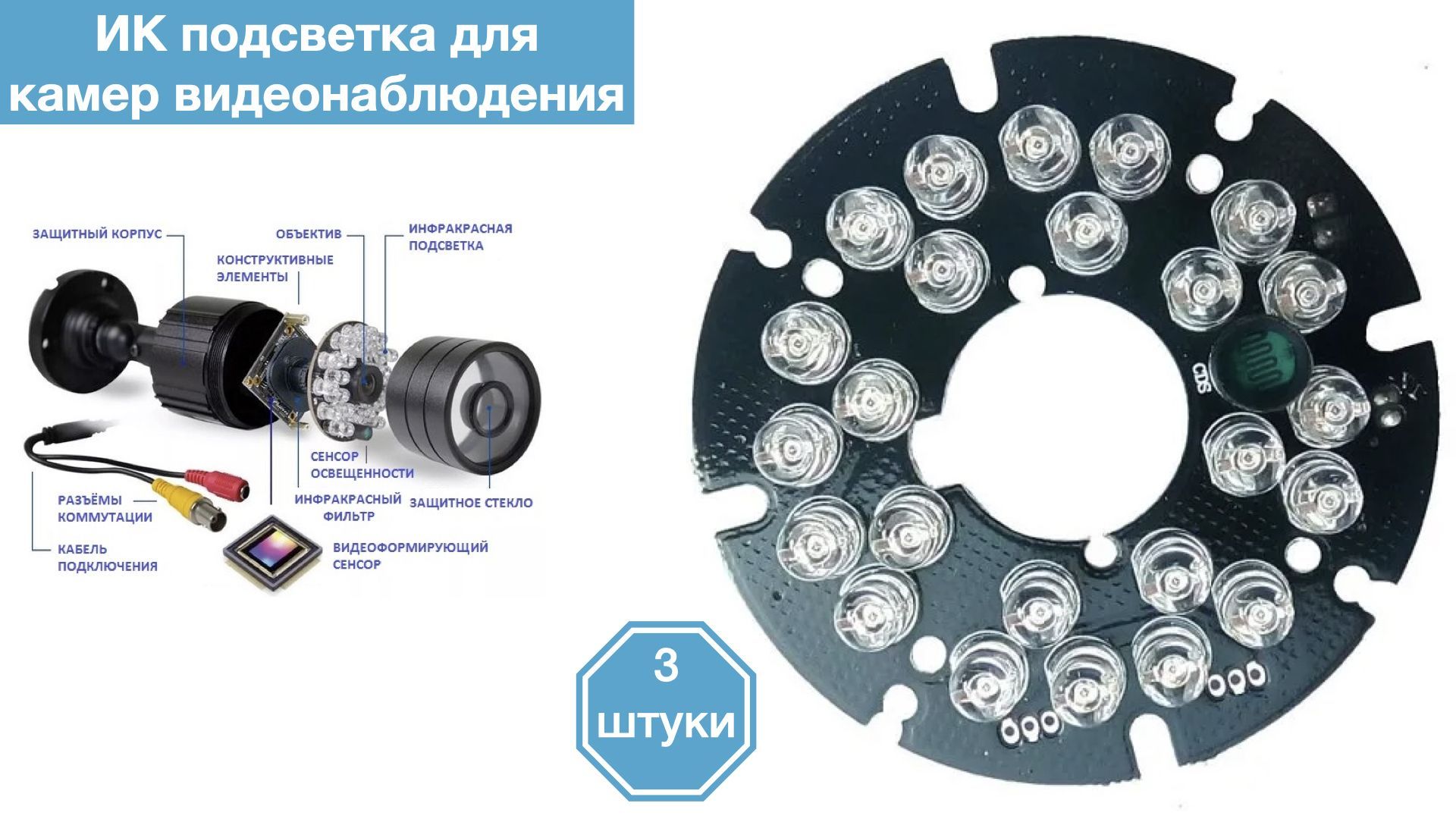 

ИК подсветка для камеры видеонаблюдения 3 штуки, IR24LED