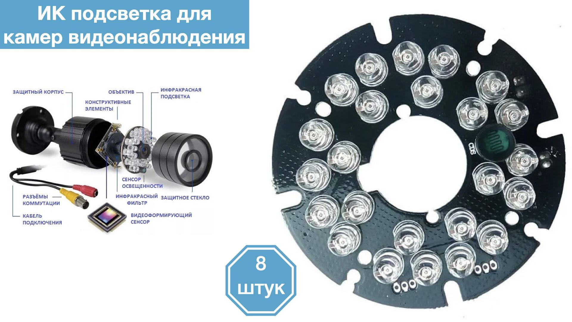 

ИК подсветка для камеры видеонаблюдения 8 штук, IR24LED