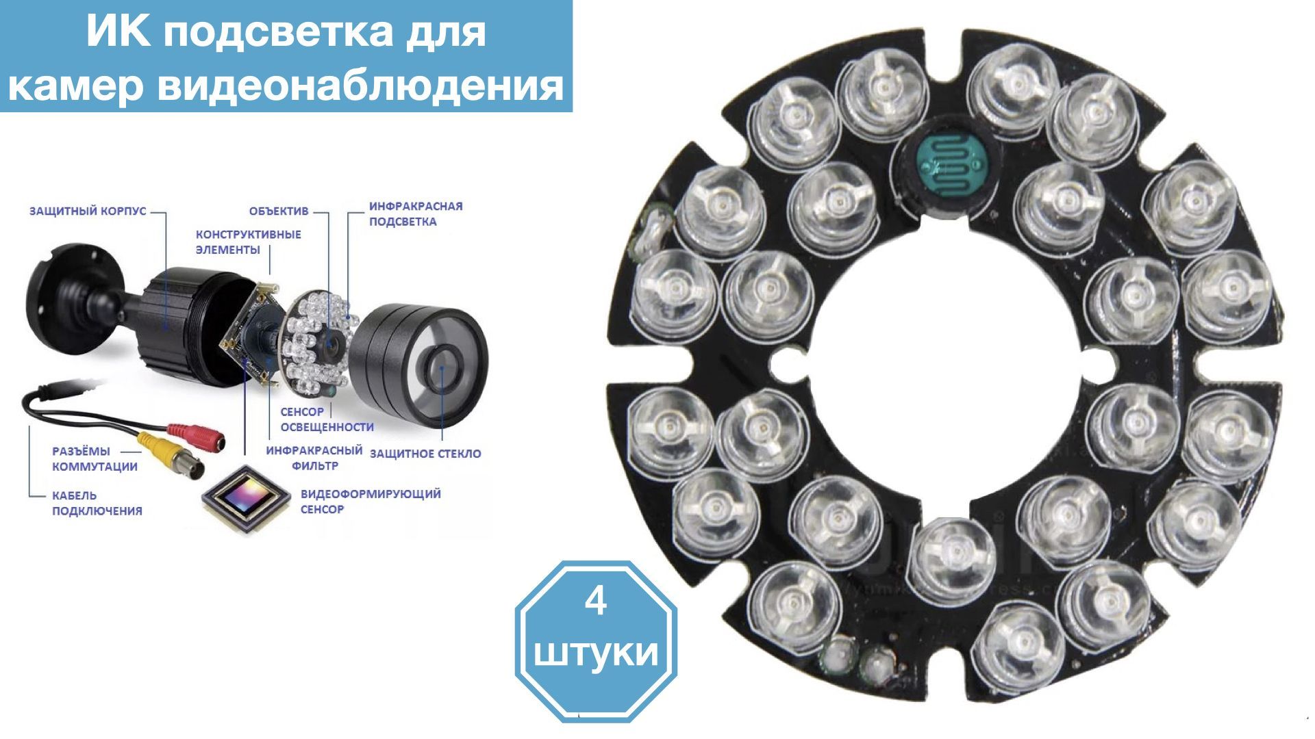 

ИК подсветка для камеры видеонаблюдения 4 штуки, IR24LED-2