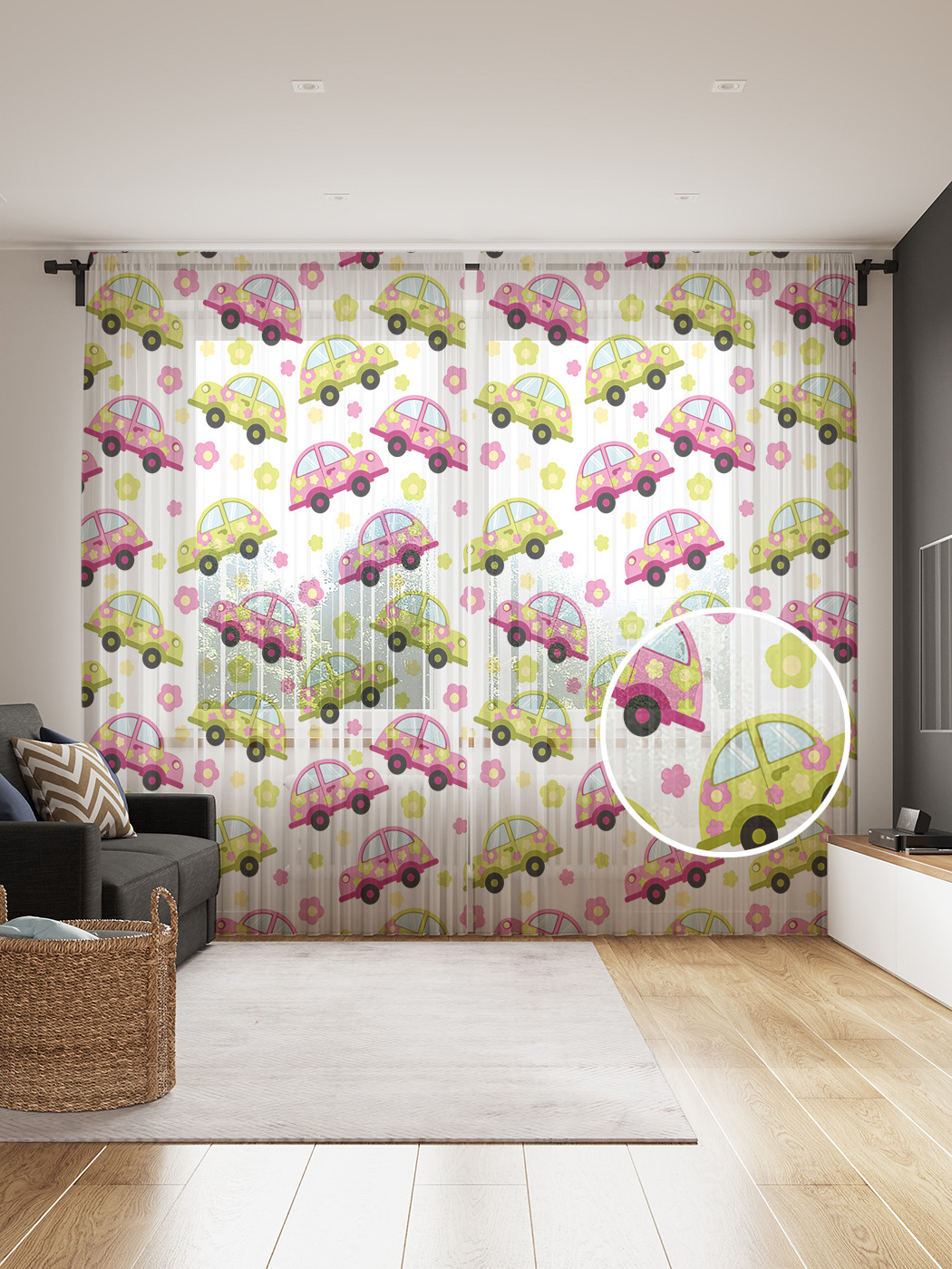 

Фототюль JoyArty "Цветочные машинки", 145x265см (2 полотна со шторной лентой + 50 крючков), Цветочные машинки