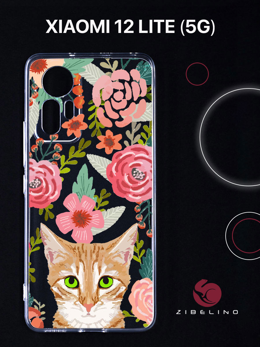 

Чехол для Xiaomi 12 lite прозрачный с рисунком, с защитой камеры, с принтом кот и цветы, ZUTCP-XIA-12LIT