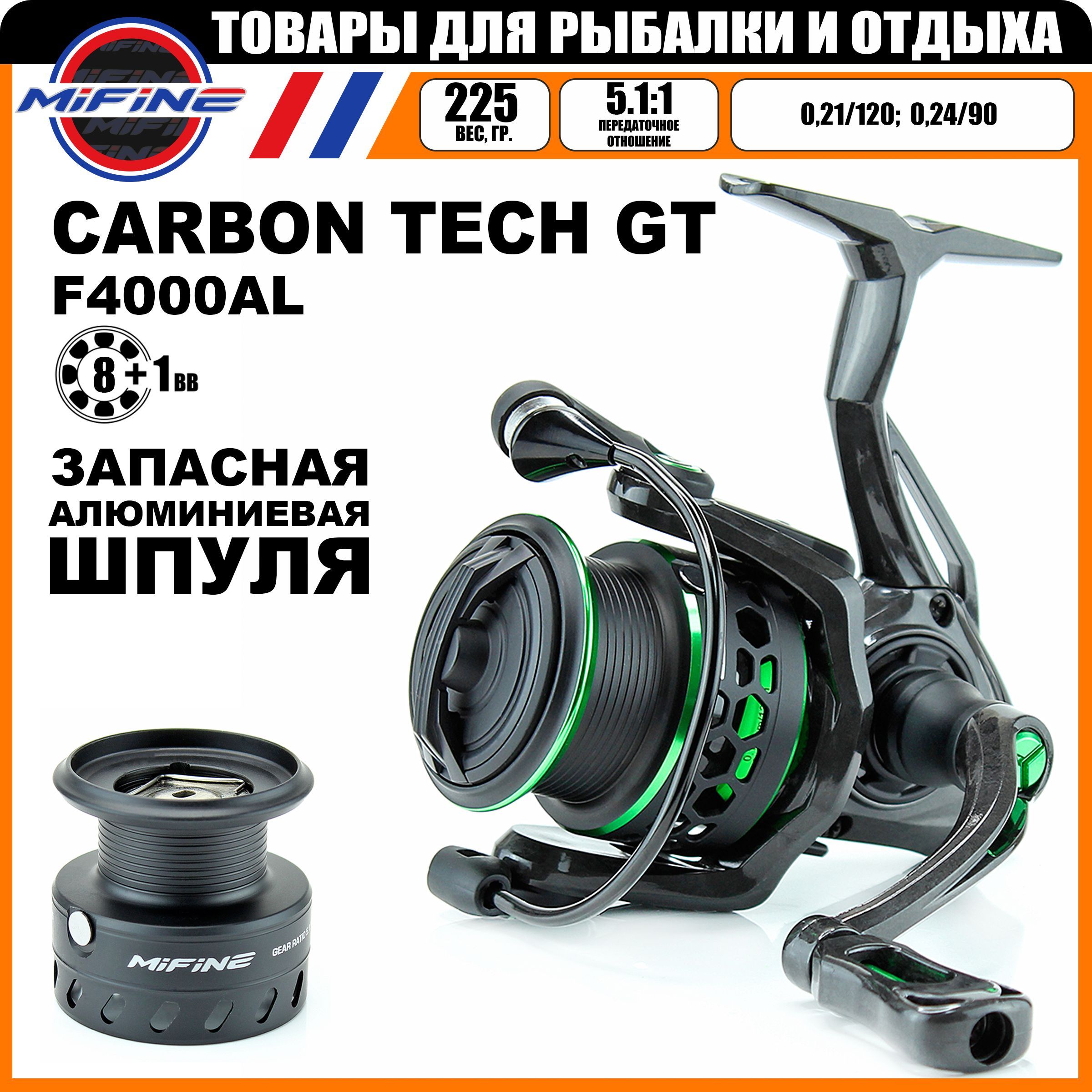 

Катушка рыболовная Mifine 60391-08 60391-4, 8+1, Черный;зеленый, 60391-08