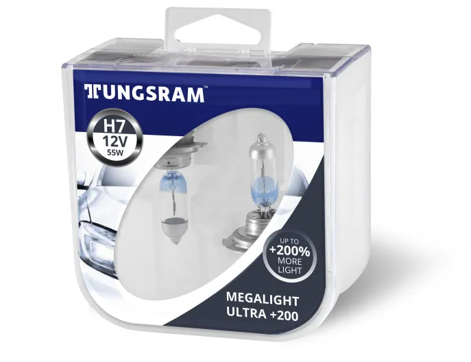 фото Лампы галогенные tungsram h7 12v- 55w (px26d) megalight ultra +200 (п.уп 2шт.) 93120598