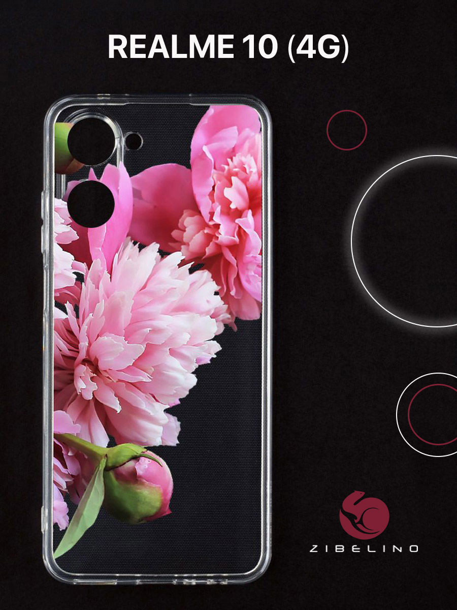 

Чехол для realme 10 прозрачный с рисунком, с защитой камеры, с принтом пионы, ZUTCP-RLM-10