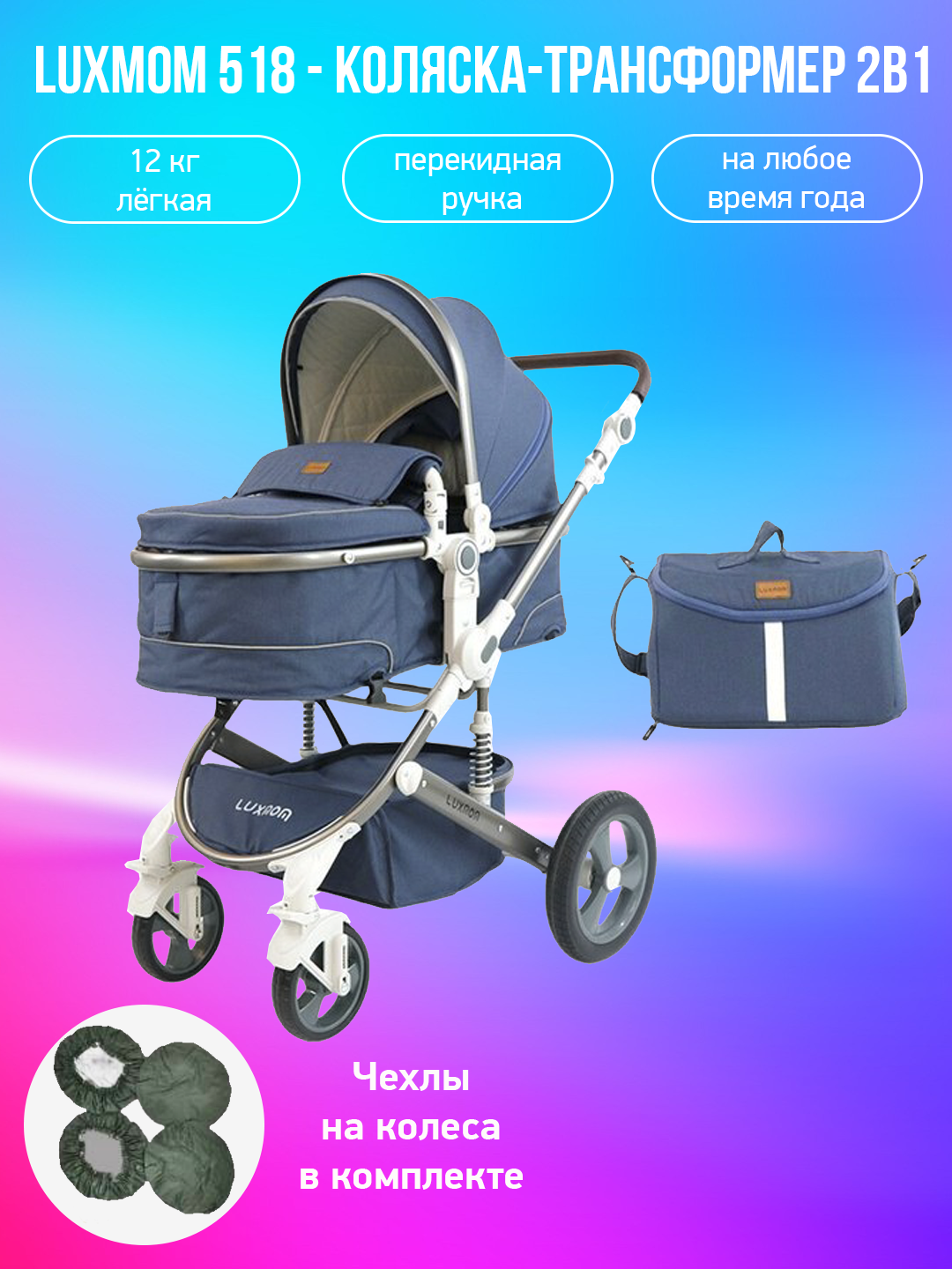 

Детская коляска-трансформер 2в1 Luxmom 518, синий с чехлами на колеса, 518
