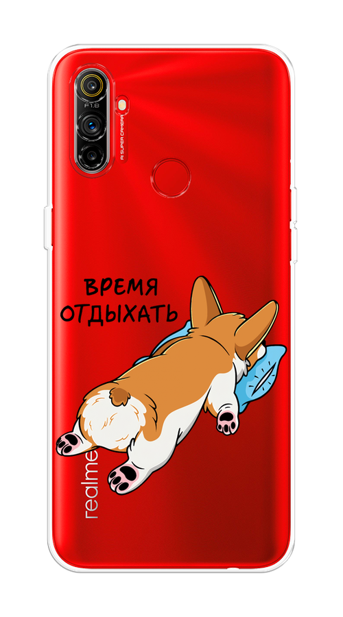 

Чехол на Realme C3 "Корги отдыхает", Черный;коричневый;голубой, 253050-1