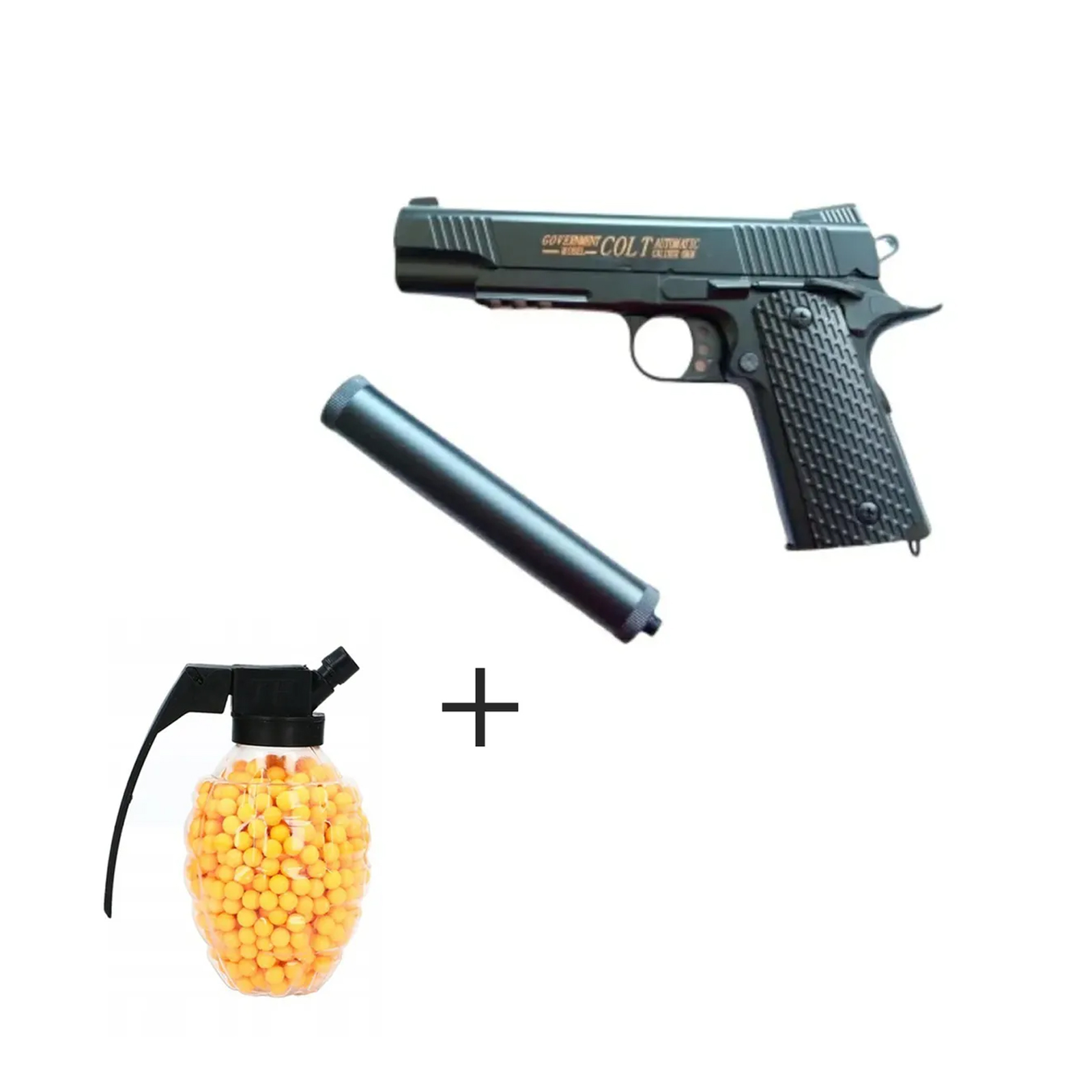 

Пистолет WellyWell пневматический AirSoft с глушителем с пульками BB + граната Gun_С10A+
