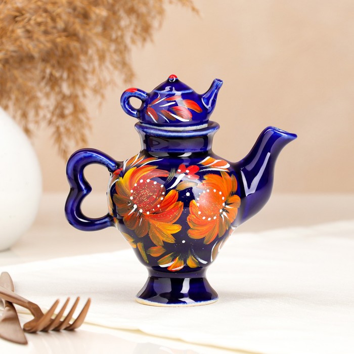 фото Чайник для заварки "самовар", синий, роспись, 0.1 л керамика ручной работы