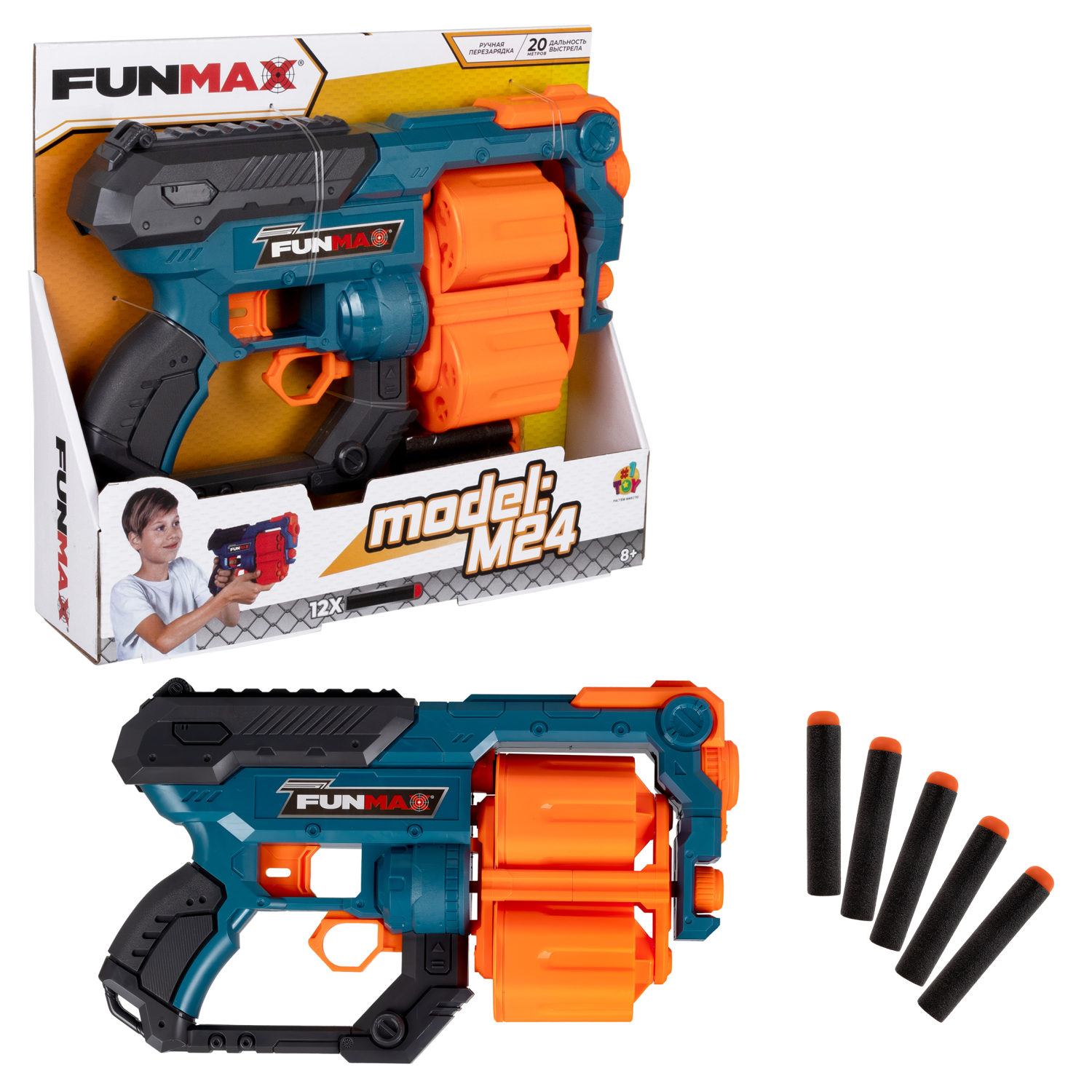 Бластер игрушечный 1toy Funmax M24 механич 2 барабана на 6 выстрелов 12 EVA снарядов 1112₽