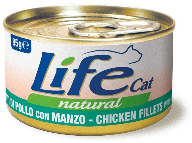 Консервы для кошек LifeCat Natural, курица,говядина в бульоне, 24шт по 85г
