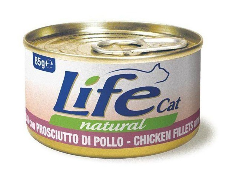 Консервы для кошек LifeCat Natural, курица с ветчиной в бульоне, 24шт по 85г