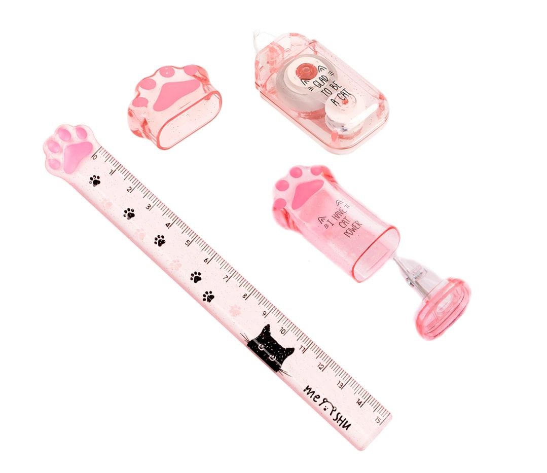 

Канцелярский набор MESHU, pink, 3 предмета точилка, корректирующая лента, линейка, Розовый, pink