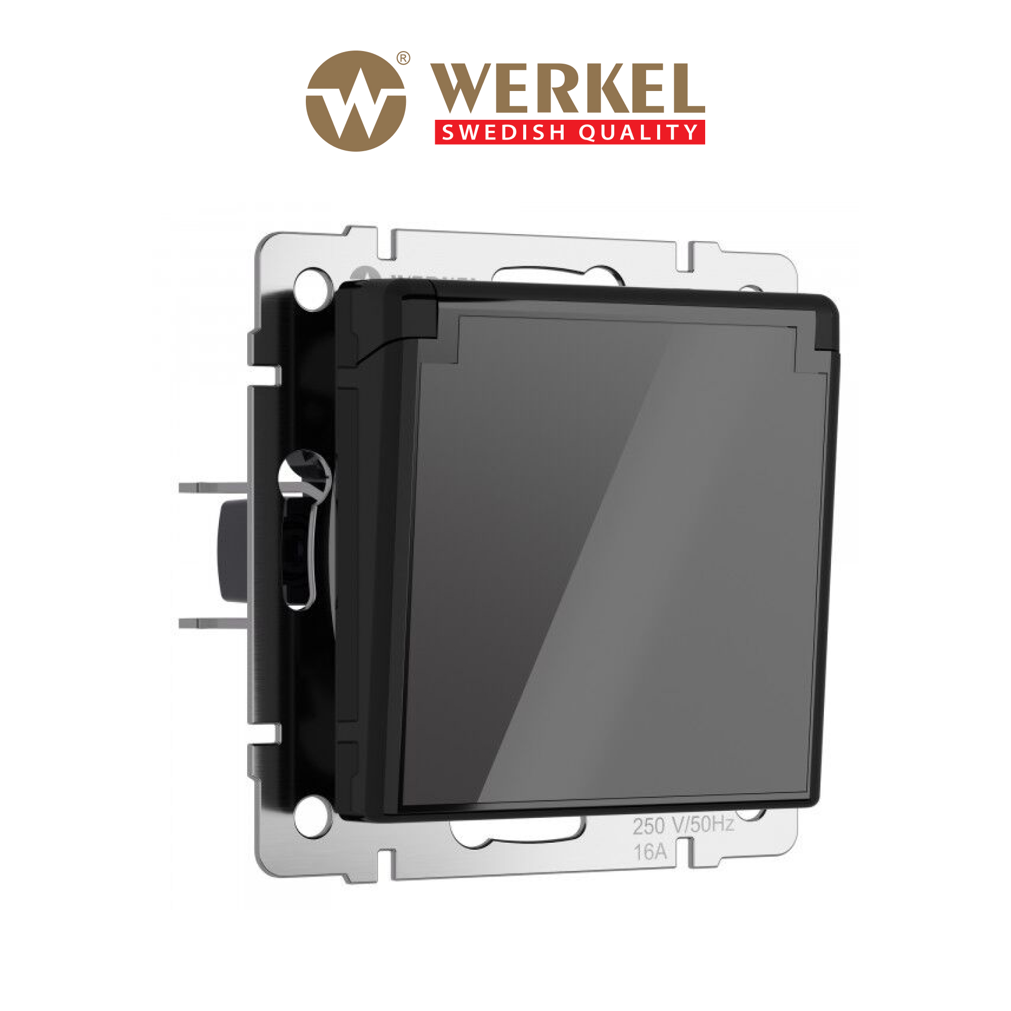 

Встр. розетка влагозащ. с зазем. крышкой и шторками Werkel W1171248 16А IP44 акрил черный, Розетка с заземлением, шторками и крышкой IP44