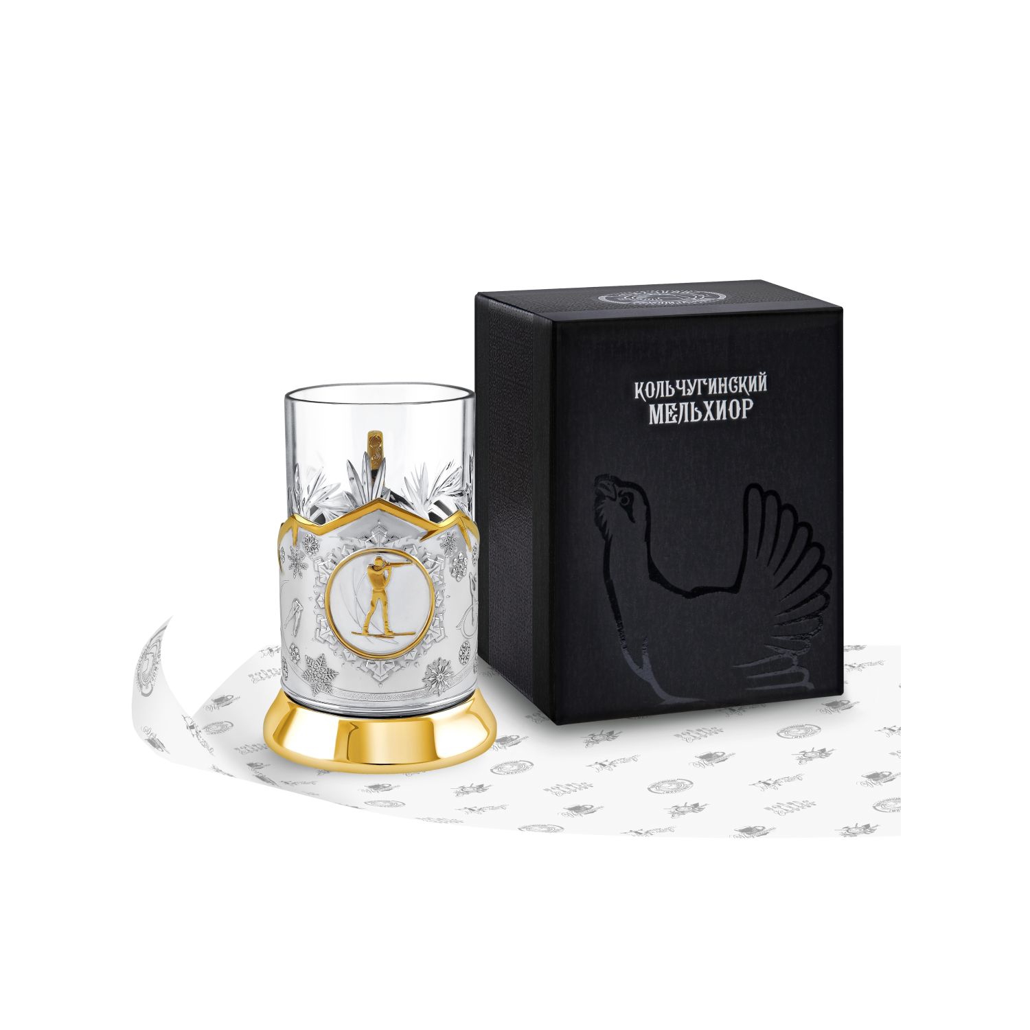 фото Набор для чая "зимние виды спорта биатлон" никелированный с позолотой кольчугинский мельхиор