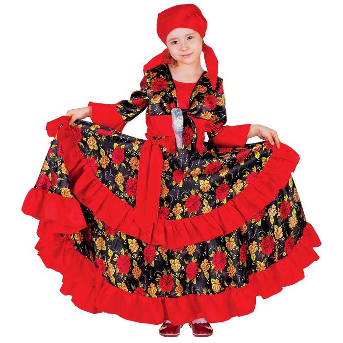 Карнавальный цыганский костюм для девочки, красный с двойной оборкой по юбке, р. 30, рост