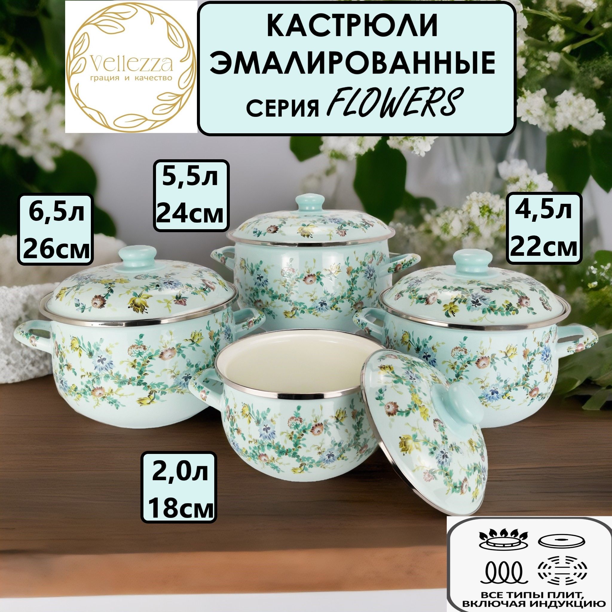 Кастрюли VELLEZZA FLOWERS BLUE 1001BL 4 шт